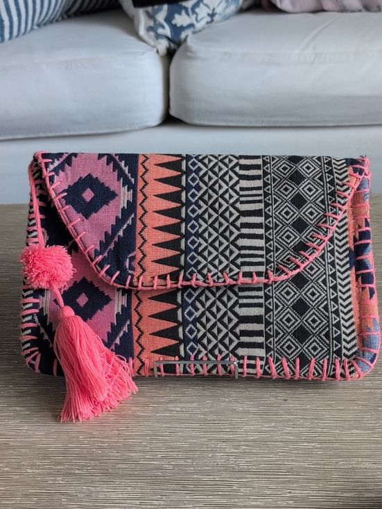 None Handbags - Pink & Navy and Black Geometric Tassel Textile Summer Clutch Purse